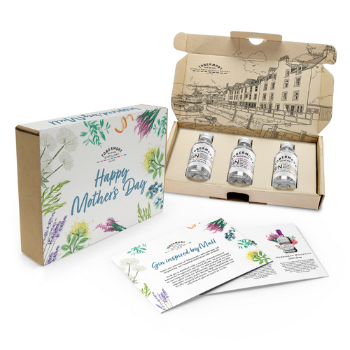 gin tasting pack by tobermory contain three gins called Hebridean, Coast and Mountain