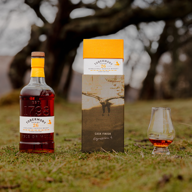 Hebridean Series 26 Year Old Bottle Pack and Dram with Trees Backdrop