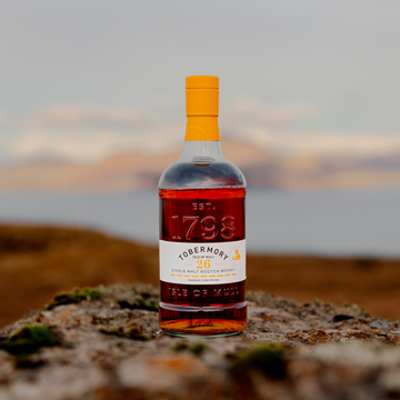 Hebridean Series 26 Year Old Bottle on Rocks with Mountain Backdrop