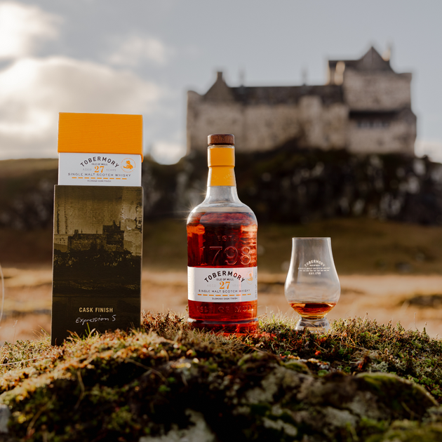 Hebridean Series Tobermory 27 Year Old Opened Bottle with Pack and Dram with Duart Castle Backdrop