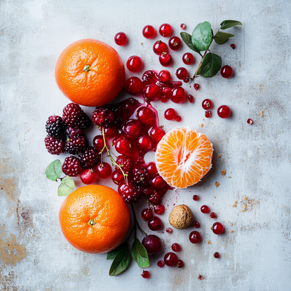 Raspberries, pomegranates, mandarins and nutmeg.