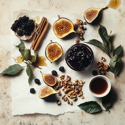 Figs, blackcurrants, brambles and hazelnuts are scattered across a table and drizzled with treacle toffee.