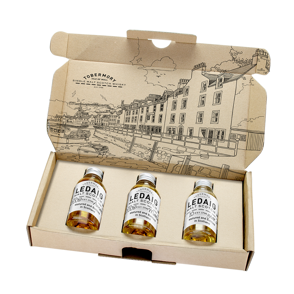 The Ledaig tasting pack is the perfect whisky tasting pack for any whisky lover. Containing three small bottles of Ledaig whisky in a cardboard gift box.