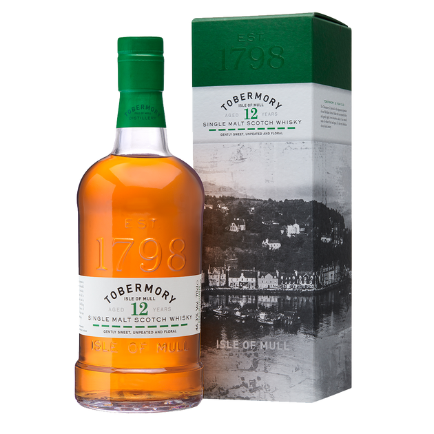 Tobermory 12 year whisky bottle and box