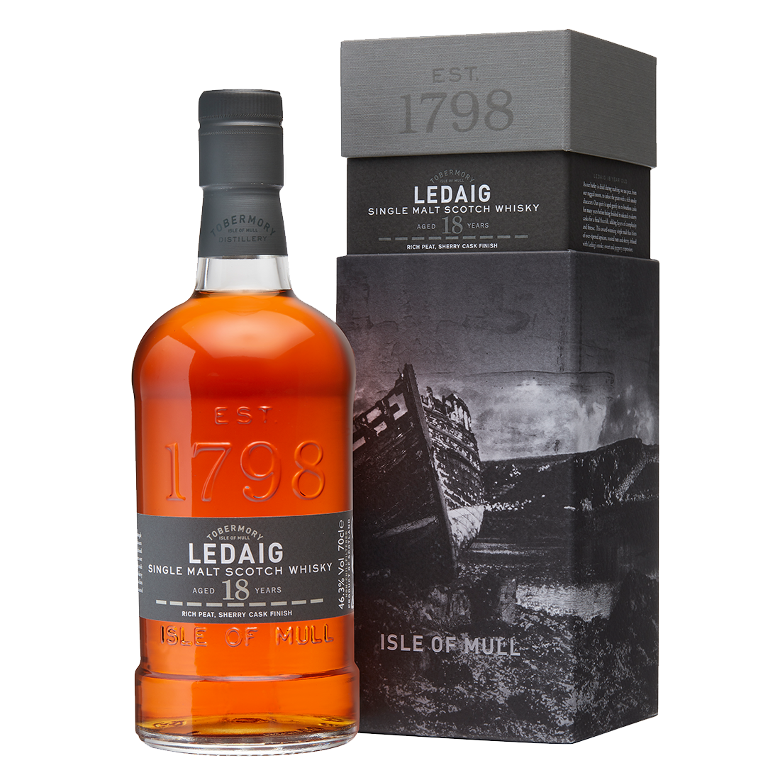 Ledaig 18 year scotch whisky and bottle