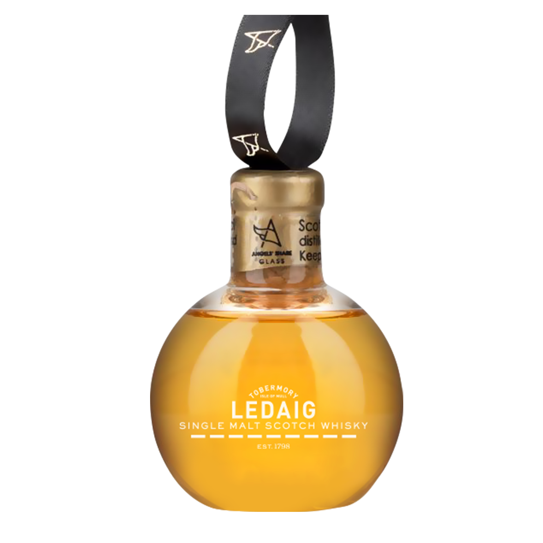 Christmas glass whisky bauble filled with Ledaig 10 year whisky inside. Compete with a ribbon to hang from the tree