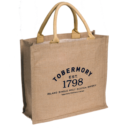 strong and durable jute bag featuring the Tobermory logo