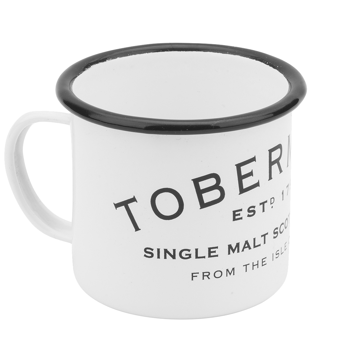 Maritime mug in white enamel with a black rim, featuring the Tobermory logo
