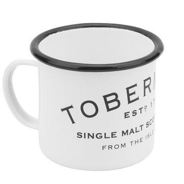 Maritime mug in white enamel with a black rim, featuring the Tobermory logo