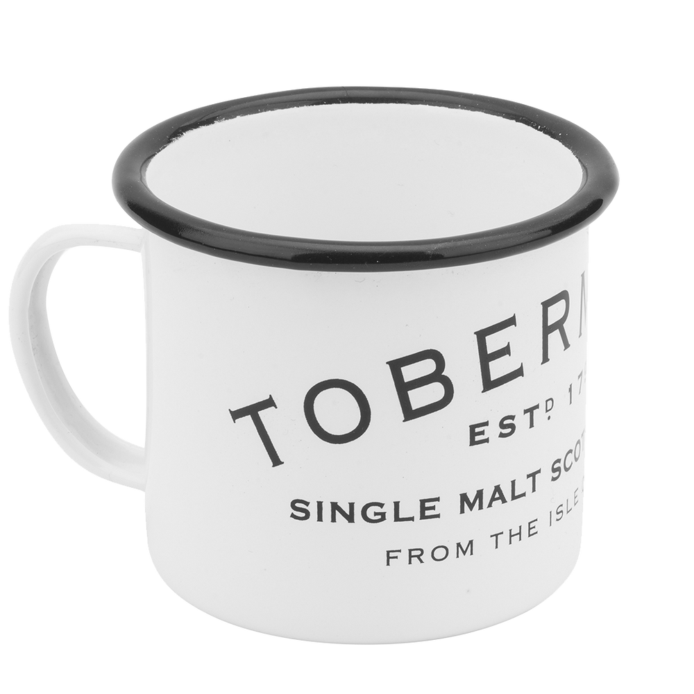 Maritime mug in white enamel with a black rim, featuring the Tobermory logo