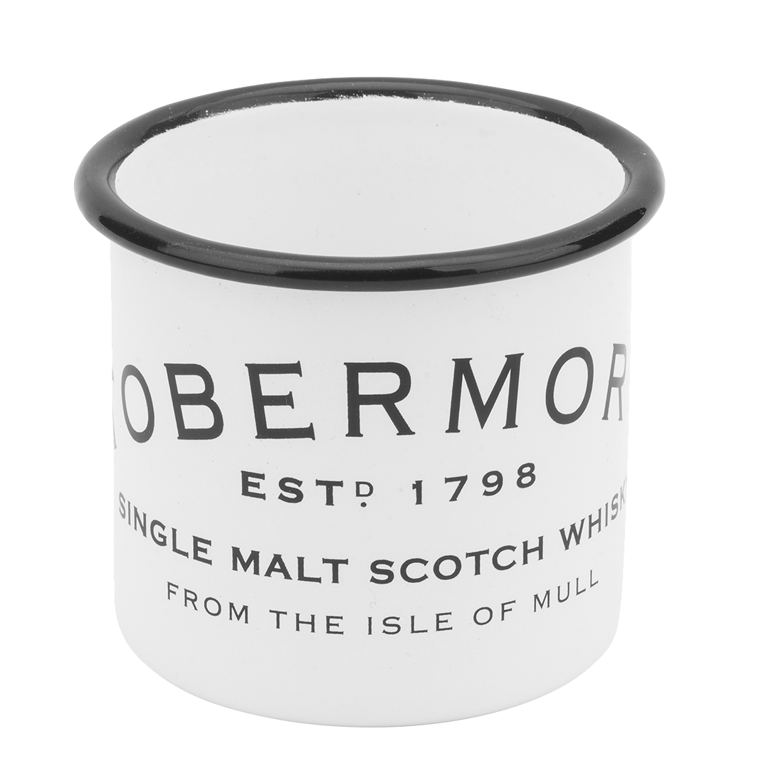 Maritime mug in white enamel with a black rim, featuring the Tobermory logo front