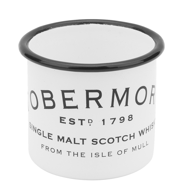 Maritime mug in white enamel with a black rim, featuring the Tobermory logo front