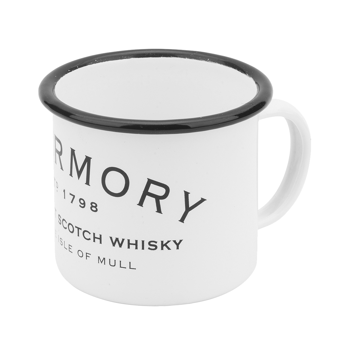Maritime mug in white enamel with a black rim, featuring the Tobermory logo side
