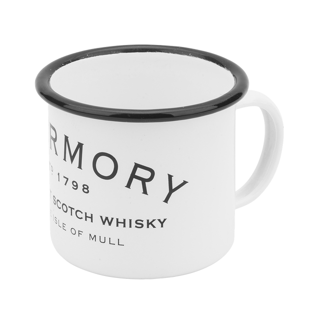 Maritime mug in white enamel with a black rim, featuring the Tobermory logo side