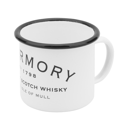 Maritime mug in white enamel with a black rim, featuring the Tobermory logo