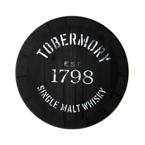 Whisky coaster in black with the Tobermory logo