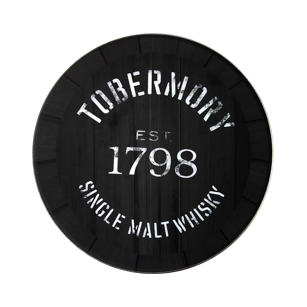 Whisky coaster in black with the Tobermory logo