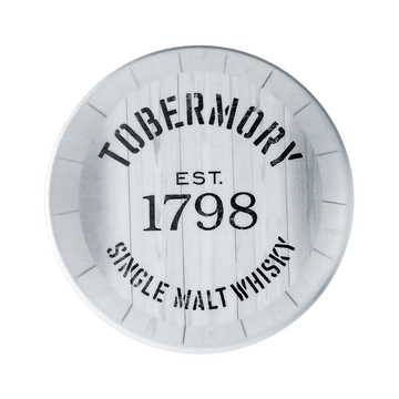 Whisky coaster in white with the Tobermory logo