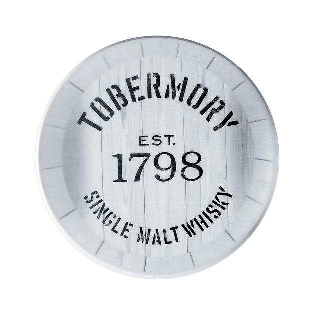 Whisky coaster in white with the Tobermory logo