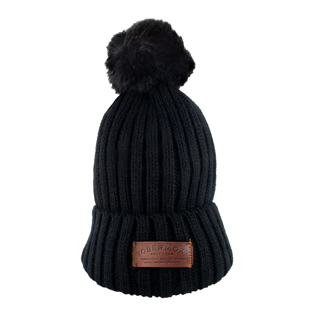 Black bobble hat with a leather Tobermory logo