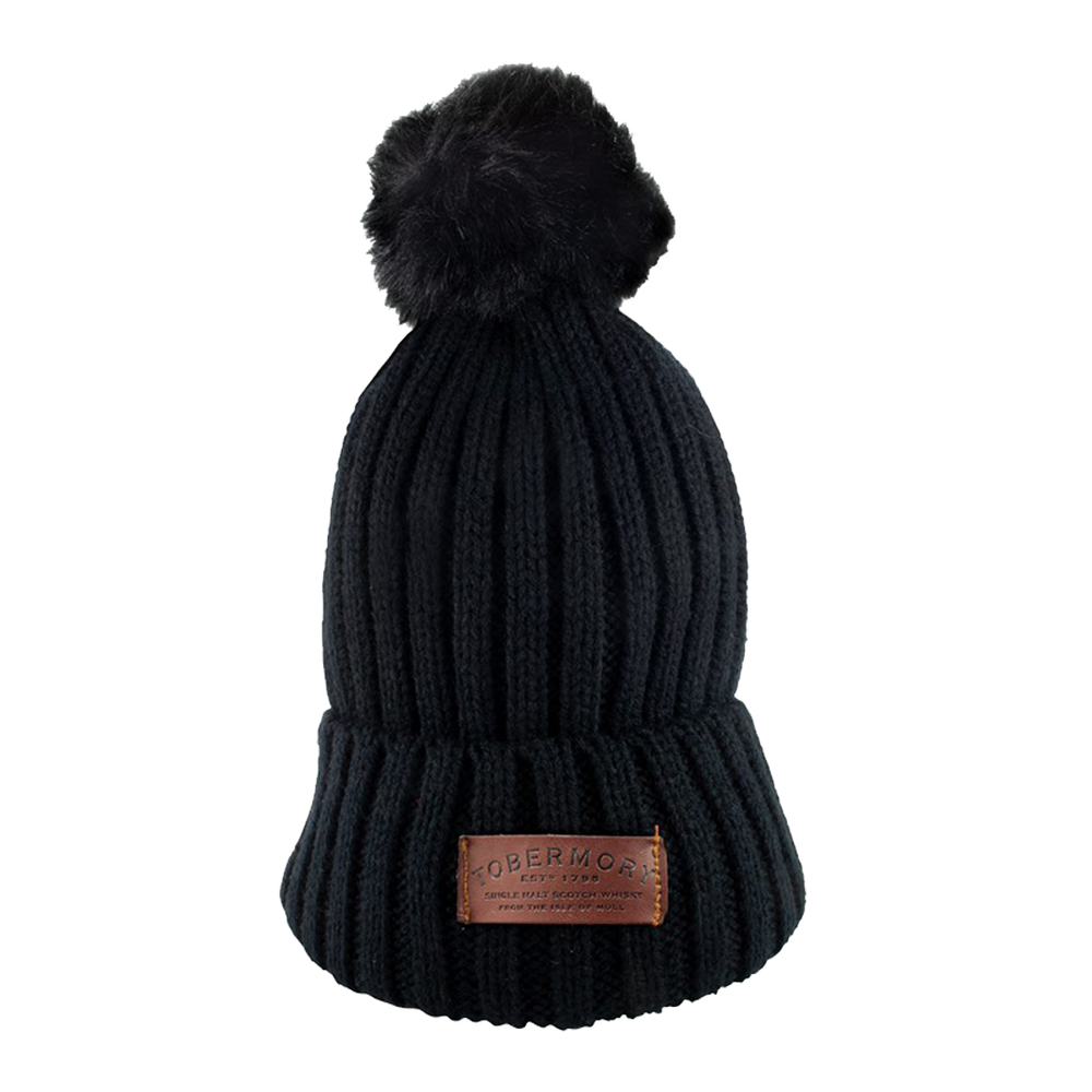 Black bobble hat with a leather Tobermory logo
