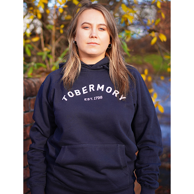 Tobermory whisky hoodie in black seen on a female model