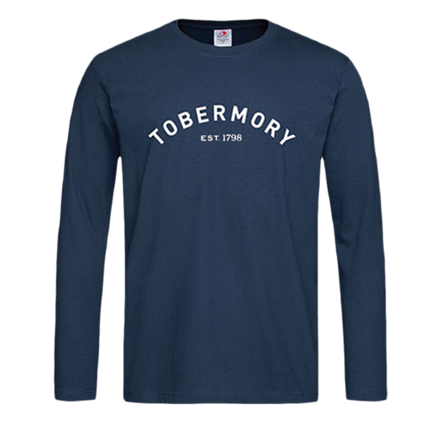 Tobermory long sleeve top in blue featuring athletic style writing