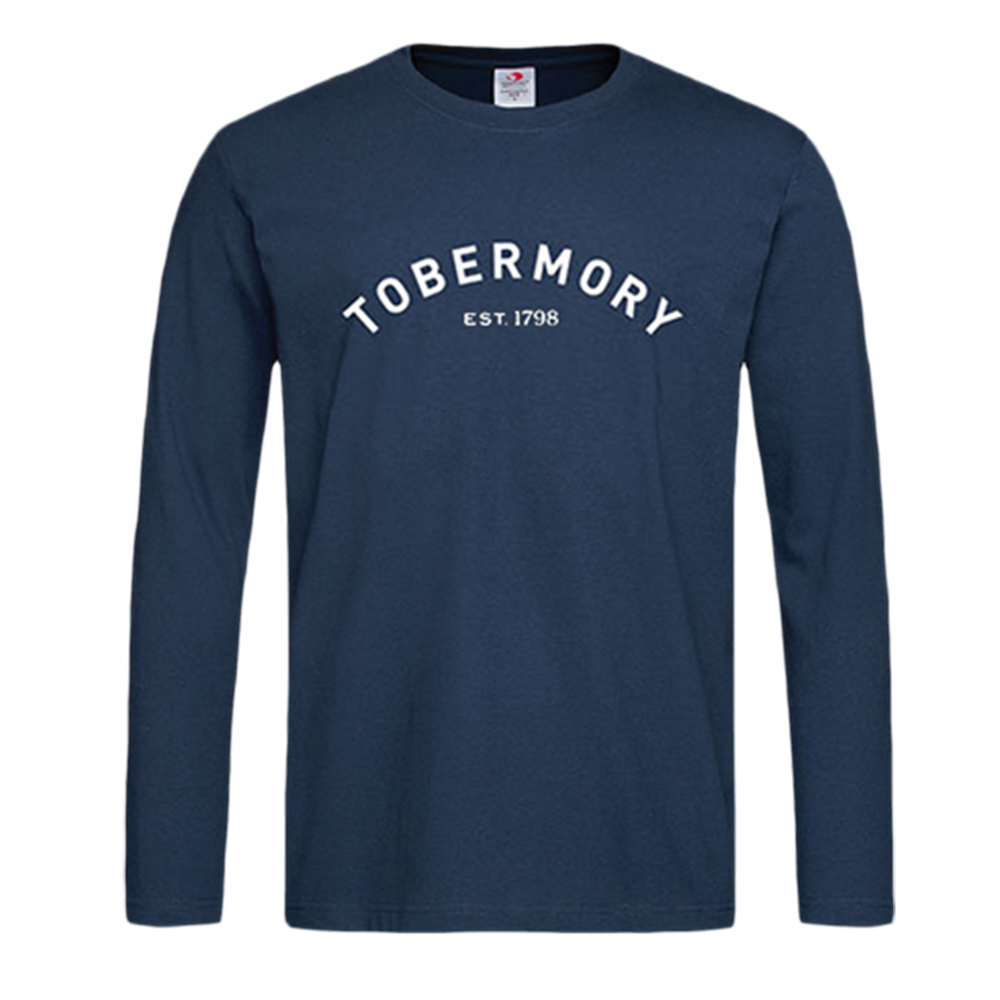 Tobermory long sleeve top in blue featuring athletic style writing