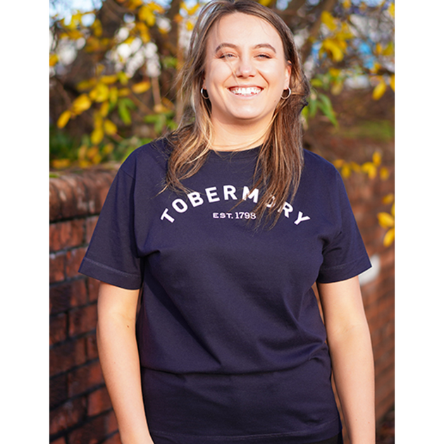 Tobermory unisex whisky t shirt in black on a female model