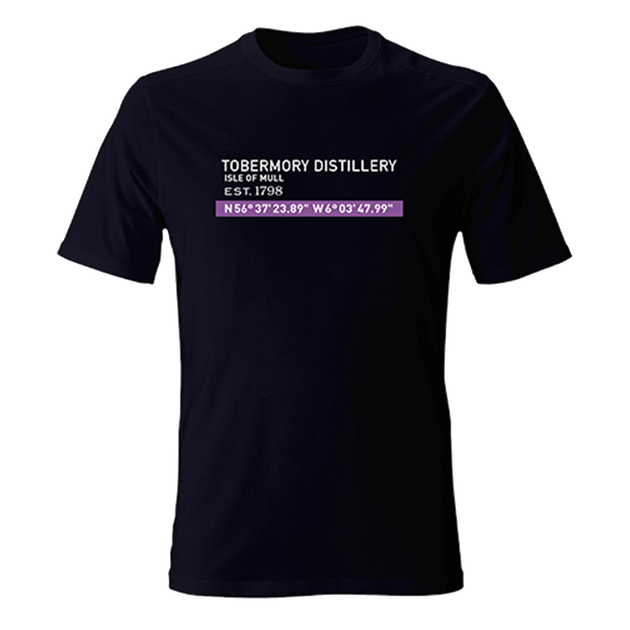 black Tobermory t shirt with the coordinates to the Isle of Mull on the front