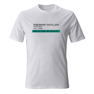 white Tobermory t shirt with the coordinates to the Isle of Mull on the front