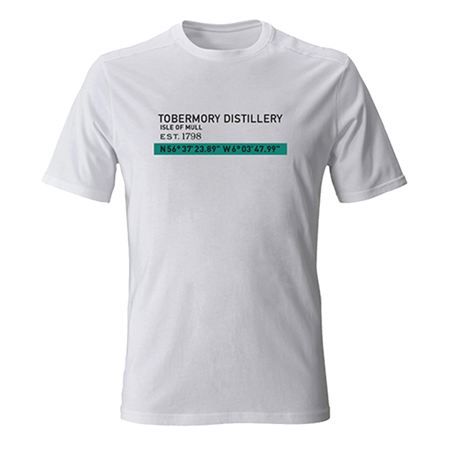 white Tobermory t shirt with the coordinates to the Isle of Mull on the front