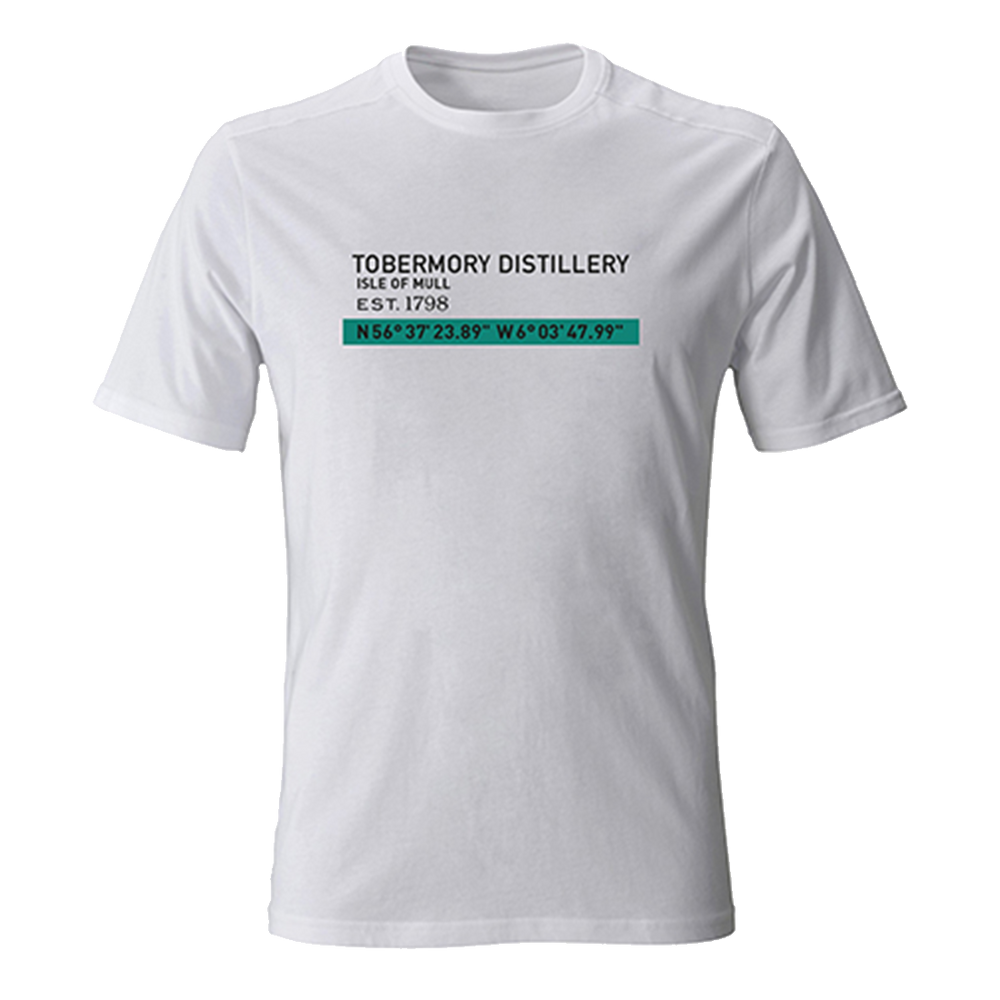 ggrey Tobermory t shirt with the coordinates to the Isle of Mull on the front