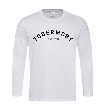 Tobermory whisky athletic style writing on a white long sleeve top