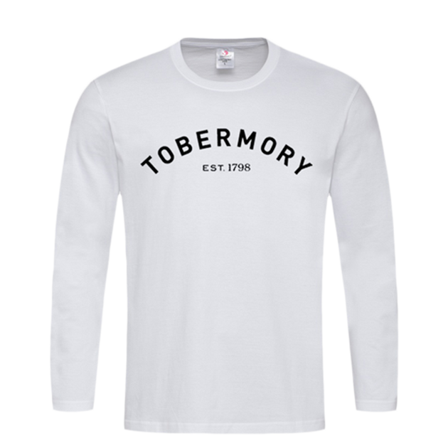 Tobermory whisky athletic style writing on a white long sleeve top