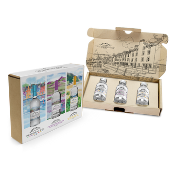 gin tasting pack by tobermory contain three gins called Hebridean, Coast and Mountain