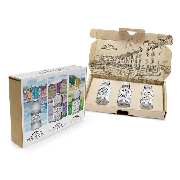 gin tasting pack by tobermory contain three gins called Hebridean, Coast and Mountain